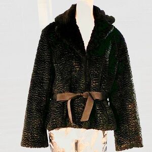 Nine West Black faux fur jacket, hook & eye closure, ribbon tie & pockets. XL